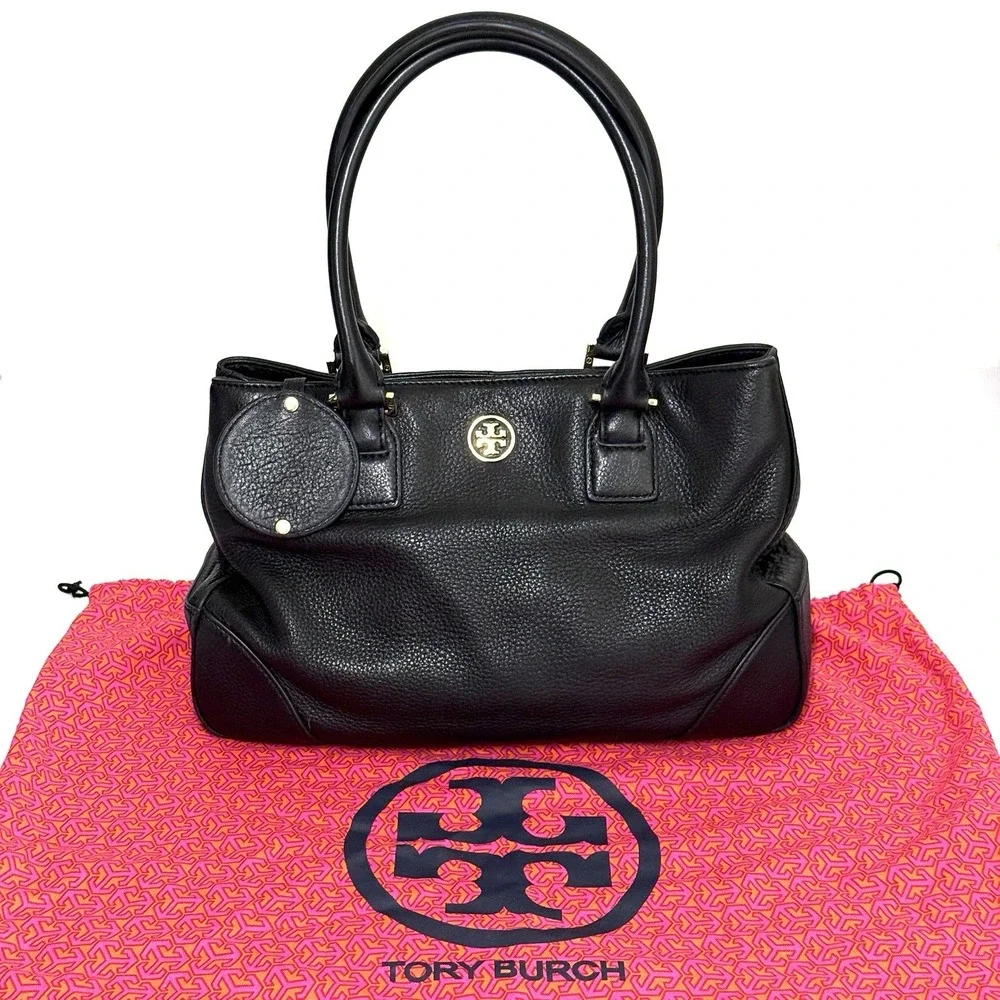 Tory Burch Robinson Triple Compartment Black Pebbled‎ Leather Tote Shoulder Bag